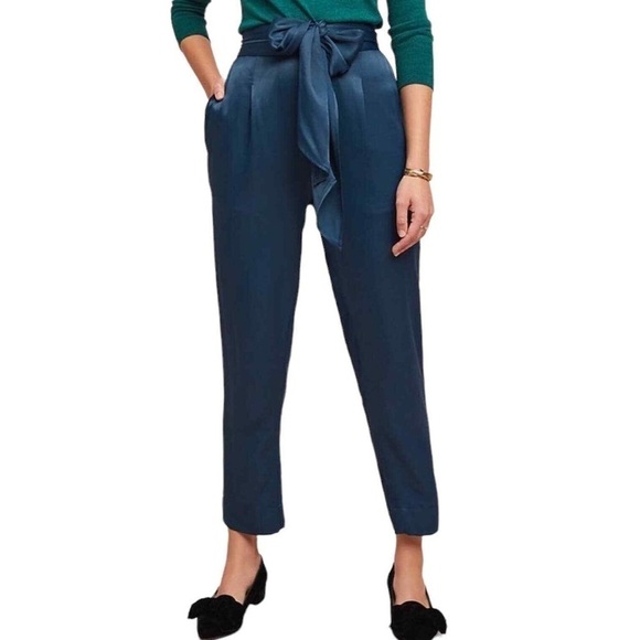 Anthropologie Ett:Twa Teal Satin High Waisted Tapered Pants Tie Back Size 2 NWT - Picture 1 of 10